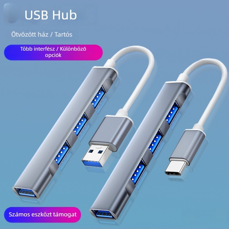 USB-C hub Huawei laptopokhoz, USB 3.0, 1–4 porttal, külső tápegység, 15 cm kábel