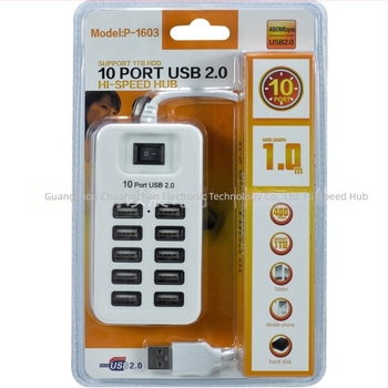 P-1603 USB 2.0 hub 10 porttal és kapcsolóval, USB 2.0, 480 Mbps, külső tápellátás nélkül