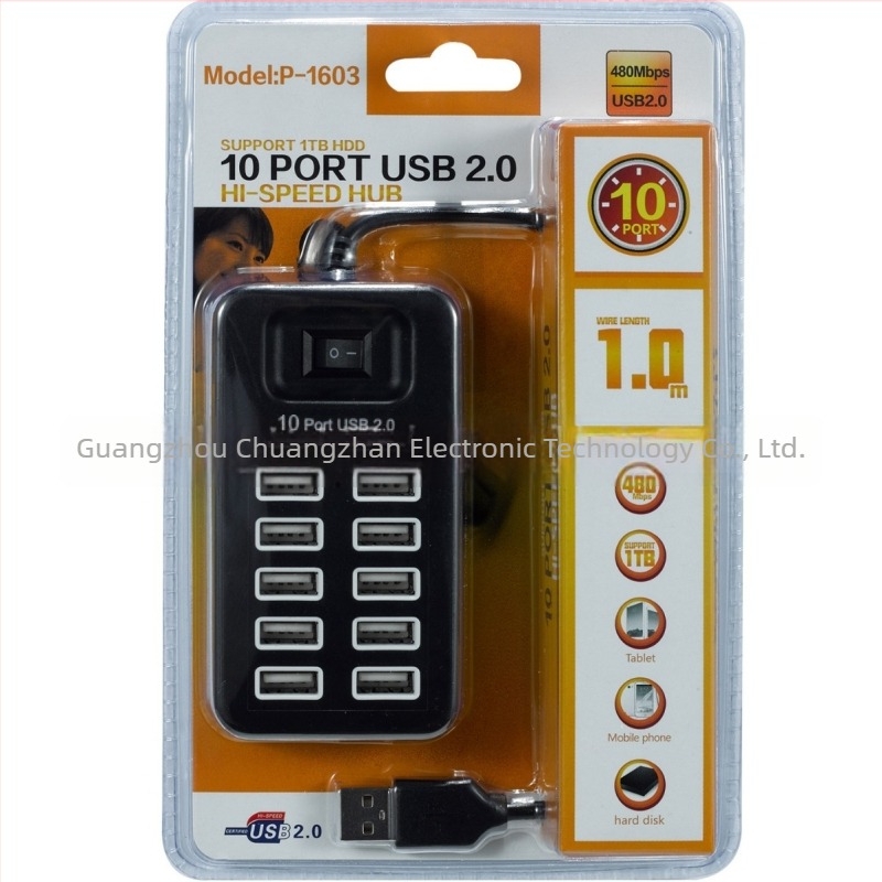 P-1603 USB 2.0 hub 10 porttal és kapcsolóval, USB 2.0, 480 Mbps, külső tápellátás nélkül