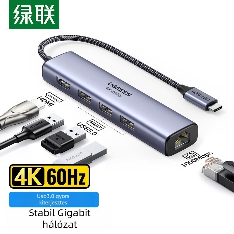 Type-C dokkoló állomás Gigabit Ethernettel, HDMI kimenettel és USB hubbal (1–4 portok)
