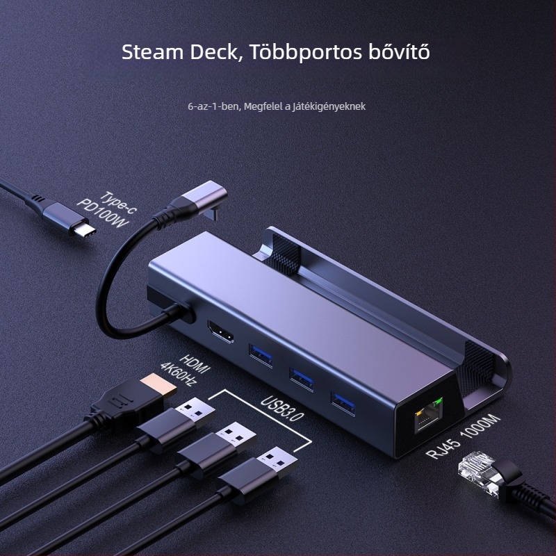 CS-031 USB-C hub 6-portos, Gigabit Ethernet, USB 3.0, Type-C interfész, 5 Gbps átviteli sebesség, kompatibilis Steam Deck és Apple dokkolóval