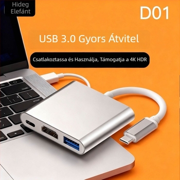 D01 dokkolóállomás: Type-C–HDMI 3-in-1 konverter, 3-portos hub, külső tápellátás nélkül
