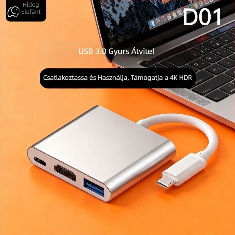 D01 dokkolóállomás: Type-C–HDMI 3-in-1 konverter, 3-portos hub, külső tápellátás nélkül