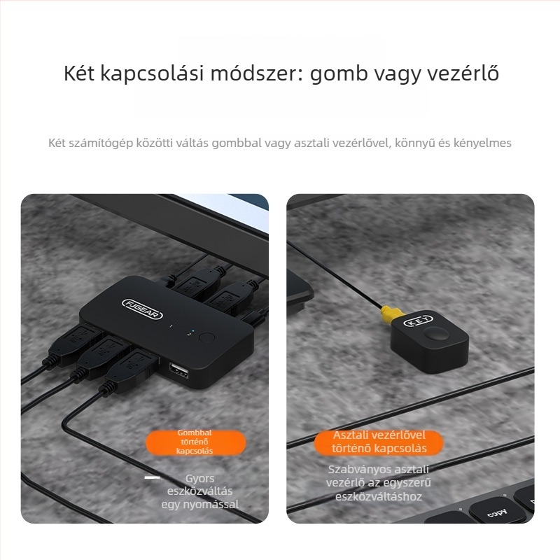 FJ-U204 USB 2.0 nyomtatómegosztó kapcsoló, 2-portos, vezérlővel, külső tápegység, 1,5 m kábel