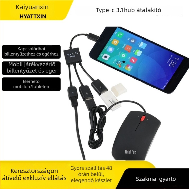 OTG USB-C hub kábel, 50 cm, 1–3 portok, külső tápegység nélkül, Hyatt Technology