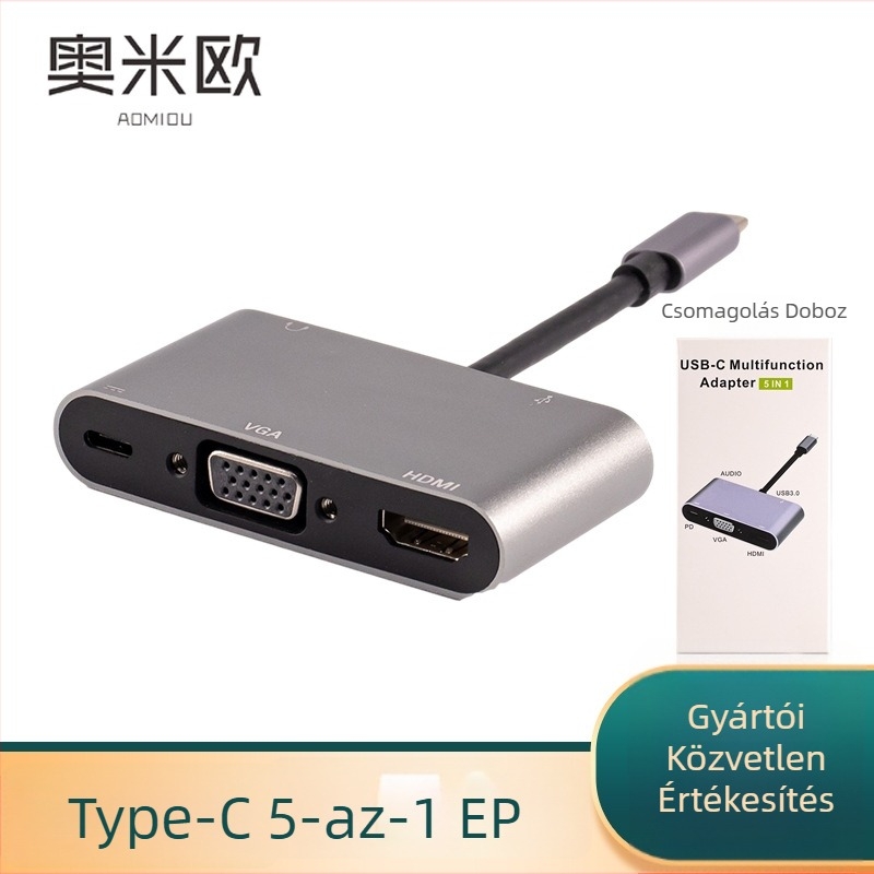 Type-C dokkolóállomás 5 az 1-ben: VGA, HDMI, USB, PD és fejhallgató USB-hub (Type-C interfész; VGA; HDMI; USB; PD)
