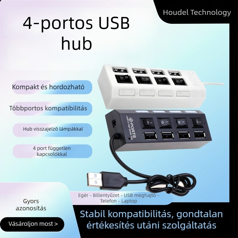 4-portos USB 2.0 hub független kapcsolóval és LED kijelzővel