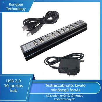 RB15 USB 2.0 hub 10 porttal, külső tápegységgel, 480 Mbps