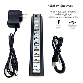 RB15 USB 2.0 hub 10 porttal, külső tápegységgel, 480 Mbps