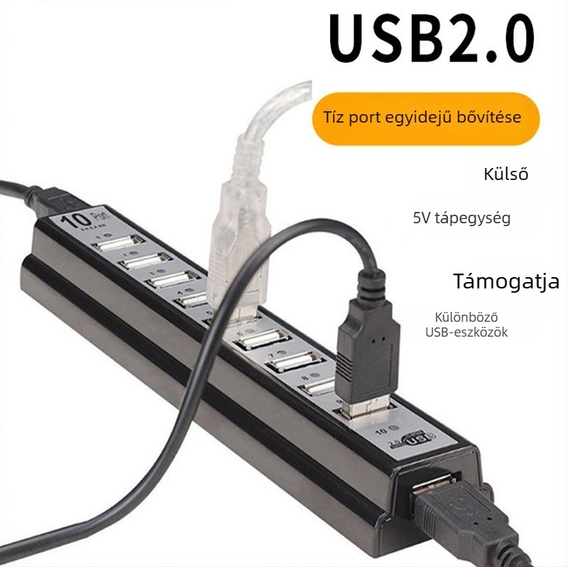 RB15 USB 2.0 hub 10 porttal, külső tápegységgel, 480 Mbps