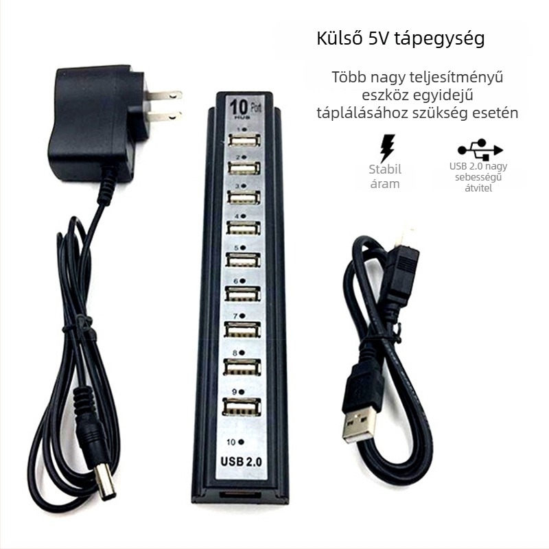 RB15 USB 2.0 hub 10 porttal, külső tápegységgel, 480 Mbps