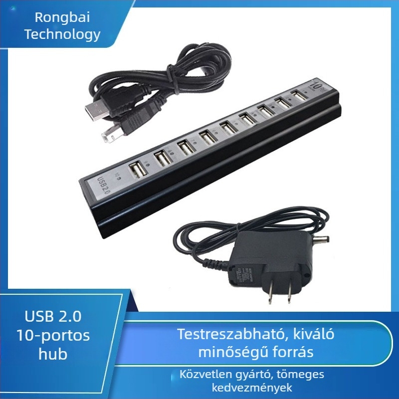 RB15 USB 2.0 hub 10 porttal, külső tápegységgel, 480 Mbps