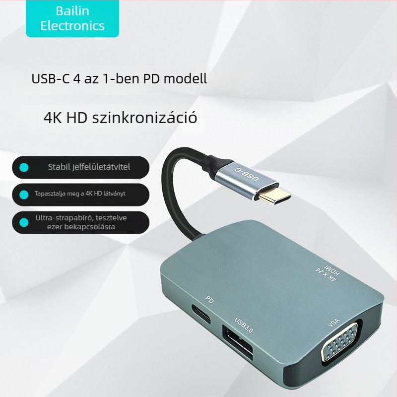 Type-C 4-in-1 USB-multiport adapter laptopokhoz és tabletekhez – 5 Gbps átviteli sebesség, modell 8107, kártyaolvasó
