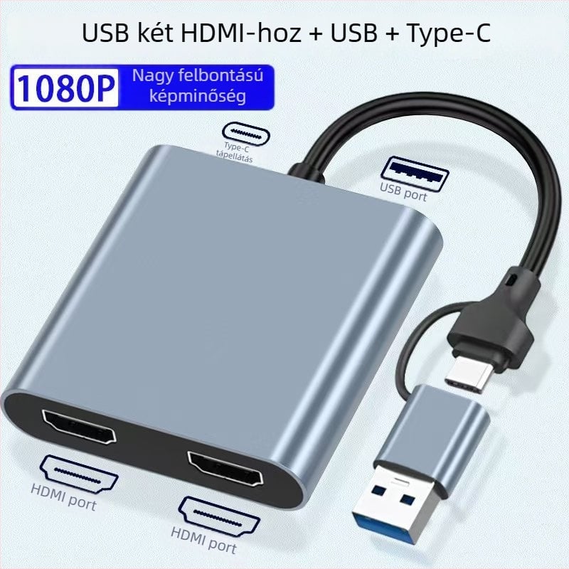 USB-C dokkoló állomás kettős HDMI kimenettel, 4-in-1, USB 3.1, 5 Gbps, 10 cm kábellel, USB-ról táplált