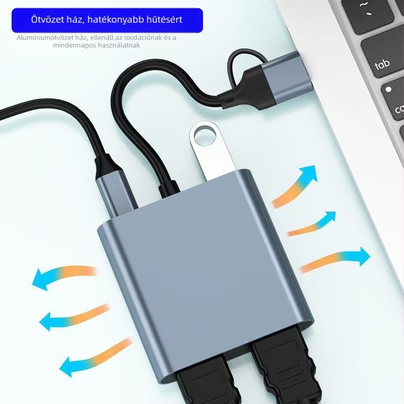 USB-C dokkoló állomás kettős HDMI kimenettel, 4-in-1, USB 3.1, 5 Gbps, 10 cm kábellel, USB-ról táplált