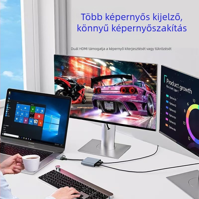 USB-C dokkoló állomás kettős HDMI kimenettel, 4-in-1, USB 3.1, 5 Gbps, 10 cm kábellel, USB-ról táplált