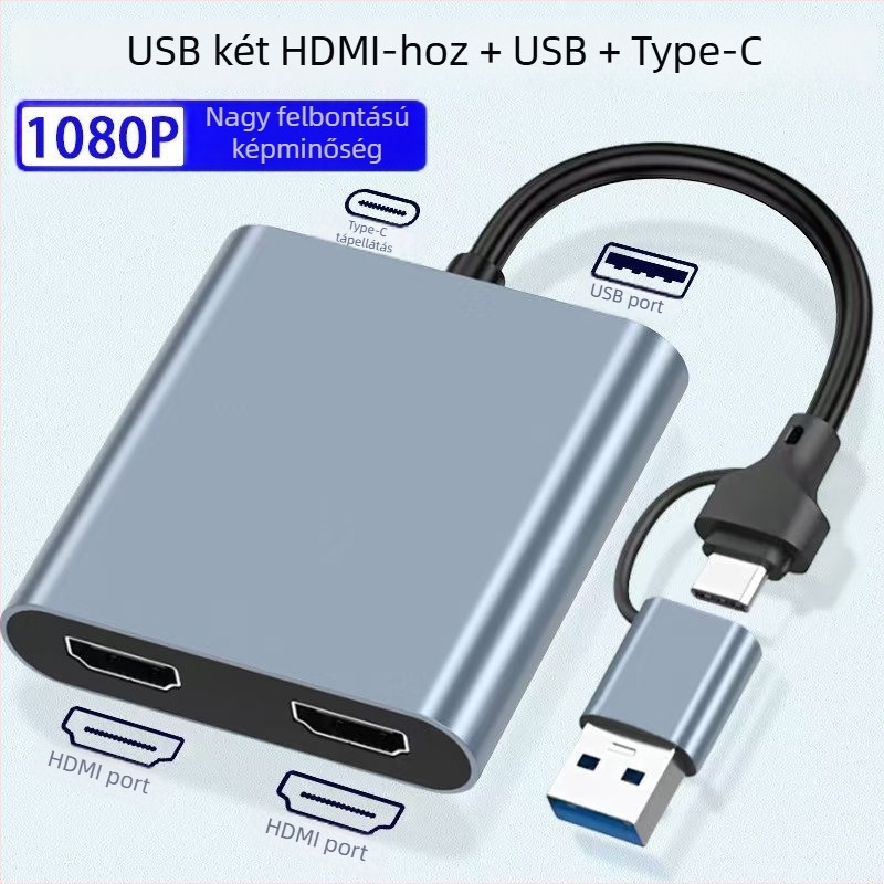 USB-C dokkoló állomás kettős HDMI kimenettel, 4-in-1, USB 3.1, 5 Gbps, 10 cm kábellel, USB-ról táplált
