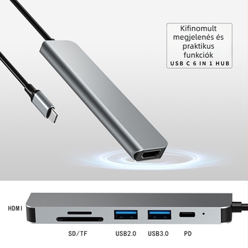 Type-C 6-in-1 dokkoló hub 4K HDMI-vel, USB 5 Gbps, 0,15 m kábel, busz-tápellátás nélküli