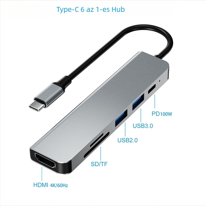 Type-C 6-in-1 dokkoló hub 4K HDMI-vel, USB 5 Gbps, 0,15 m kábel, busz-tápellátás nélküli