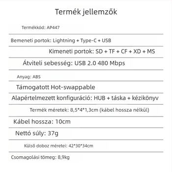 USB-C OTG kártyaolvasó SD/TF/CF/XD/MS-hez – USB 2.0, USB-n keresztüli tápellátás, kompatibilis Apple és Android eszközökkel