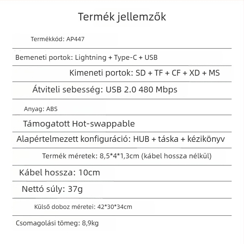 USB-C OTG kártyaolvasó SD/TF/CF/XD/MS-hez – USB 2.0, USB-n keresztüli tápellátás, kompatibilis Apple és Android eszközökkel