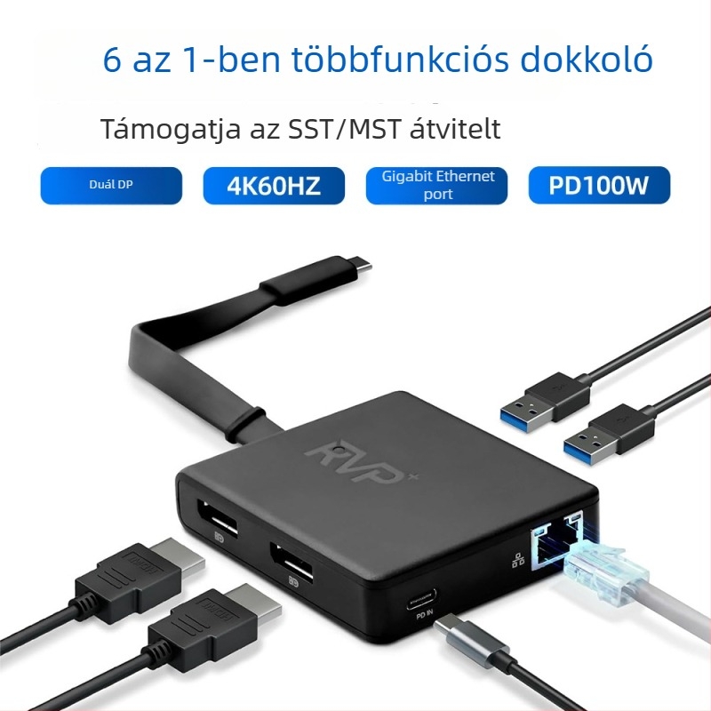 6 az 1-ben USB-C dokkoló állomás USB 2.0 interfésszel, 480 MB/s átviteli sebesség, 15 cm kábel, külső tápegység nélkül