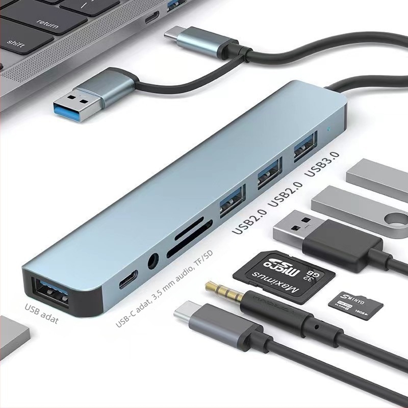 Type-C kétfejes 8-in-1 dokkoló állomás USB hub kártyaolvasóval