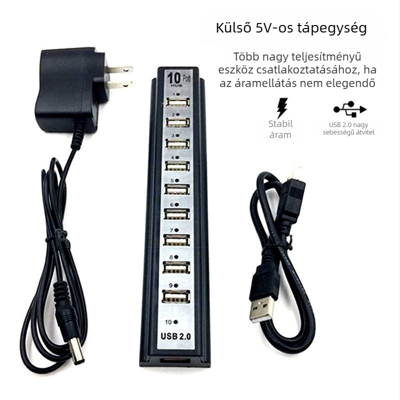 USB 2.0 10-portos hub, 1-től 10-ig kiterjesztő