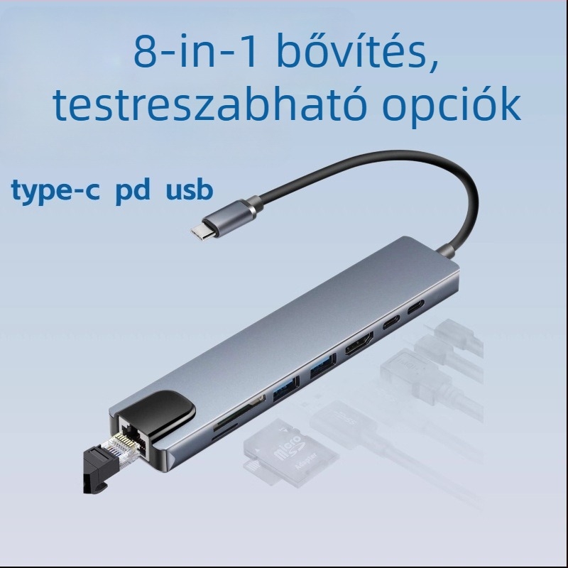 Type-C 8-in-1 dokkoló USB, HDMI, Ethernet RJ45 és SD/TF kártyaolvasóval