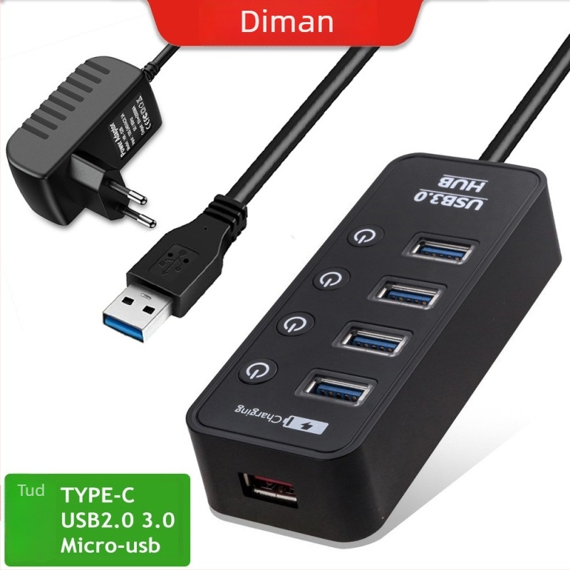DM-HB26 USB 3.0 4-portos hub 1 különálló 2A gyors töltőporttal és kapcsolóval