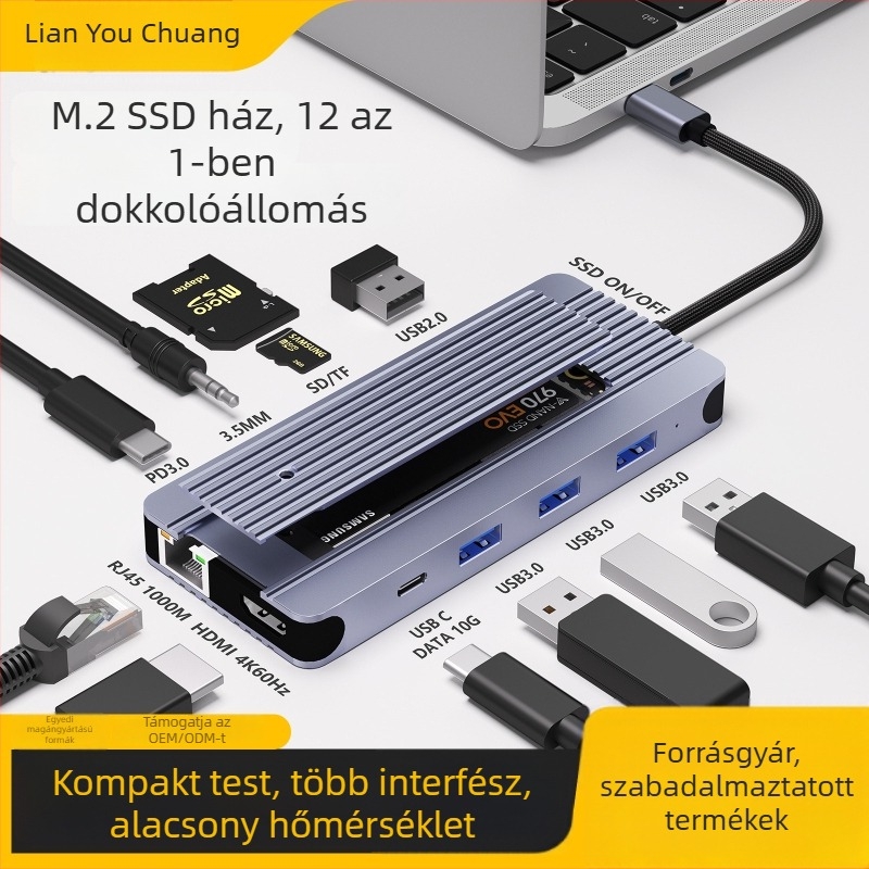 Lian youchuang C12202A 12 az 1-ben merevlemez tok USB 3.2 Gen2 dokkolóállomás, 10 Gbps