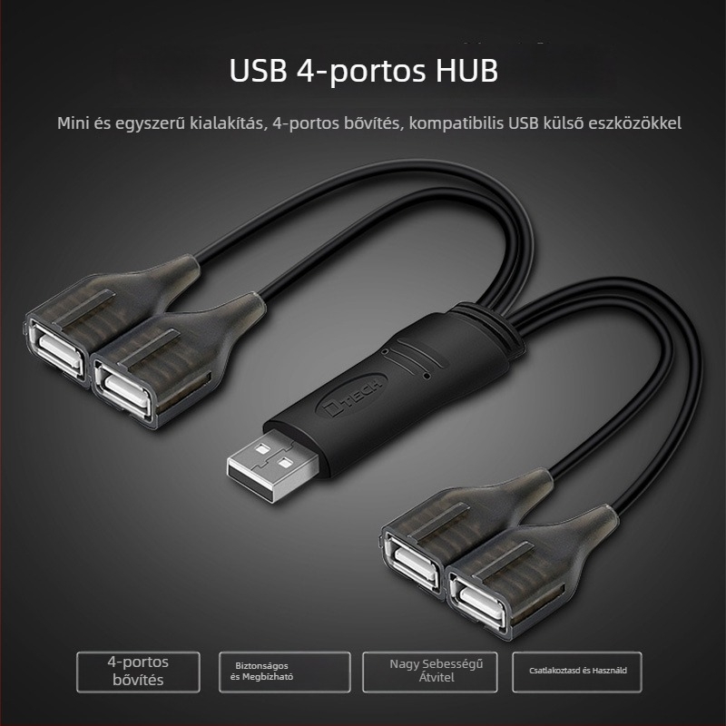 Autós USB hub, 4 port, USB 2.0, 480 Mbps, 0,2 m kábel, külső táp nélkül