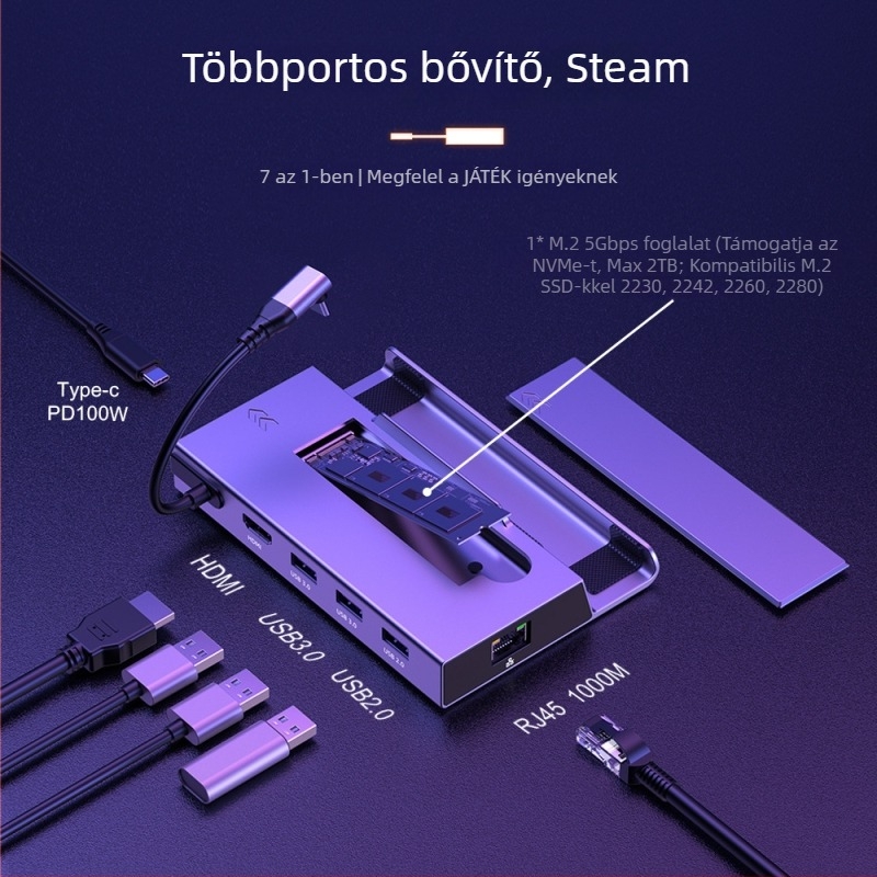 7-in-1 HDMI dokkoló ASUS ROG ALLY-hoz, USB 3.0, 5 Gbps, külső tápegység