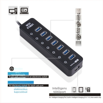 7-portos USB 3.0 hub önálló kapcsolókkal