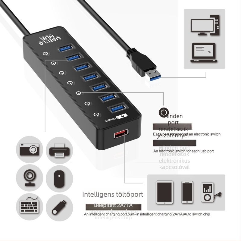 7-portos USB 3.0 hub önálló kapcsolókkal