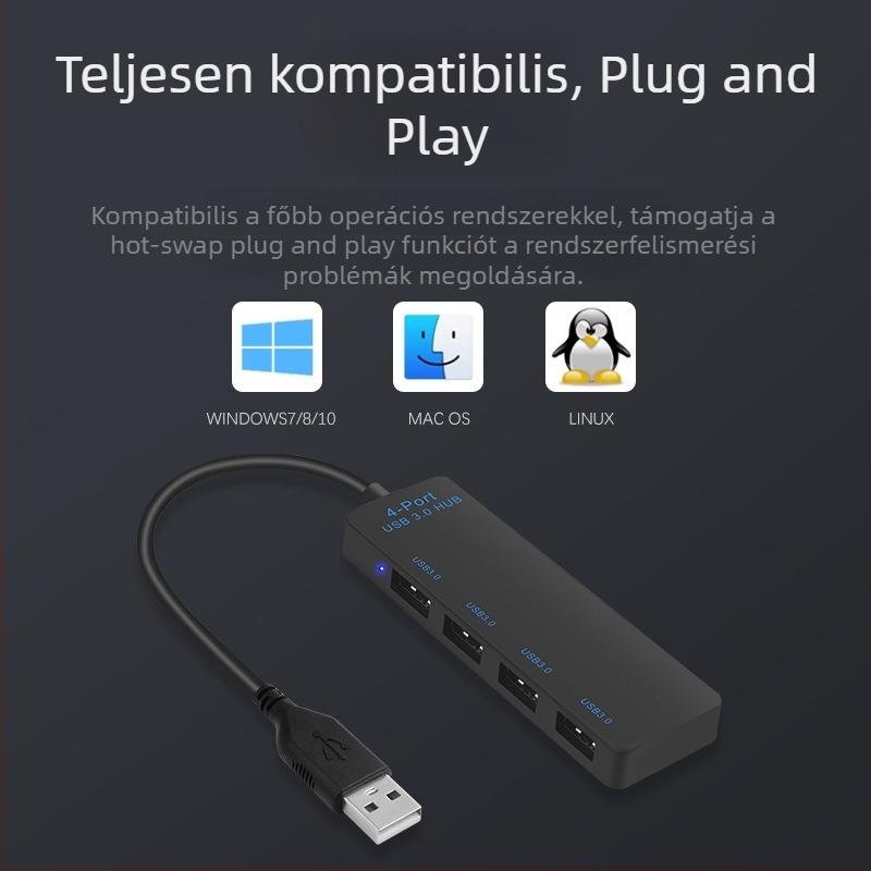 USB 3.0 hub 4 porttal, 1–4 osztó USB-C többszörös interfész átvitelihez