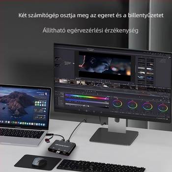 USB intelligens megosztó eszköz KVM-hez, adatátviteli kábel, billentyűzet és egér, USB-C interfész