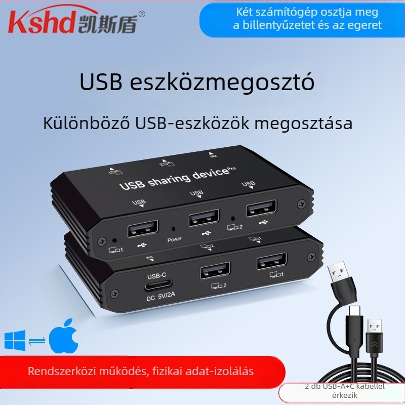 USB intelligens megosztó eszköz KVM-hez, adatátviteli kábel, billentyűzet és egér, USB-C interfész