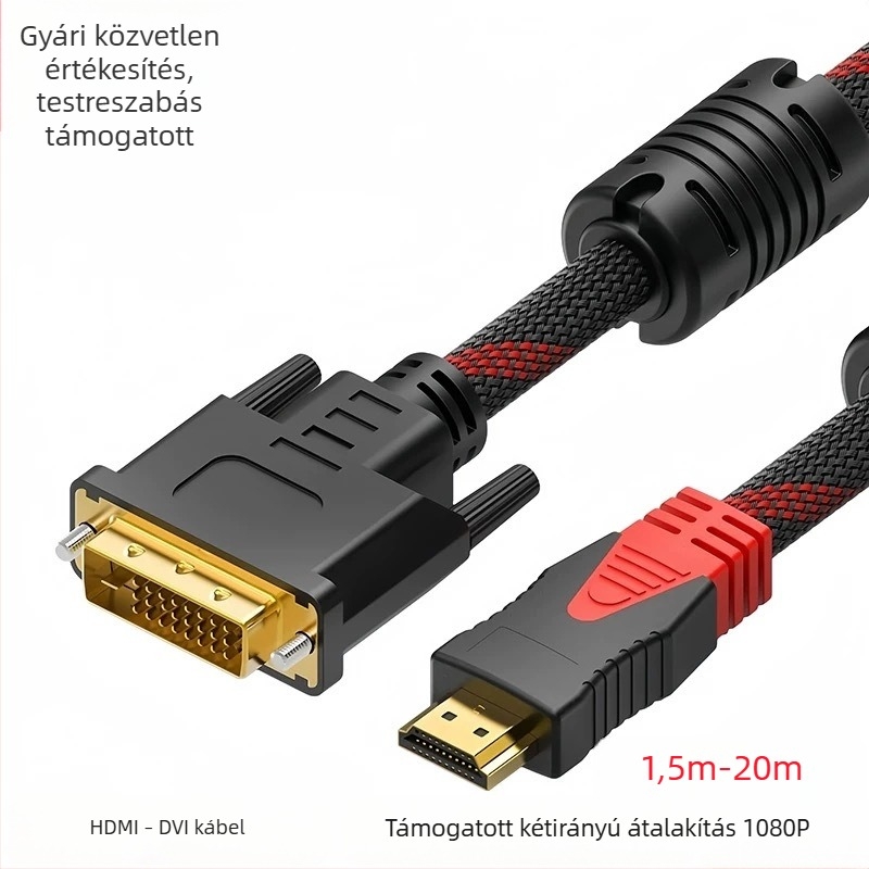 HDMI–DVI átalakító kábel számítógéphez – HDMI/DVI csatlakozó, DVI–hoz HDMI, aranyozott kivitel, réz bevonatú acélkábel