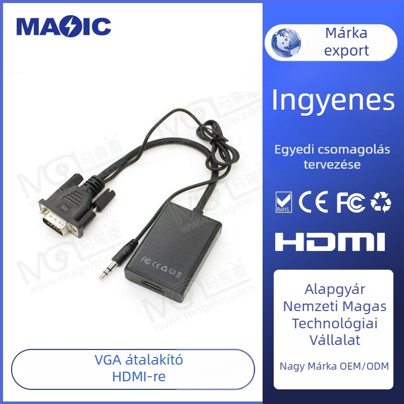 VGA–HDMI adapter hanggal, VGA–HDMI kapcsolat, 20 cm réz kábellel, modell MGLVGA2018