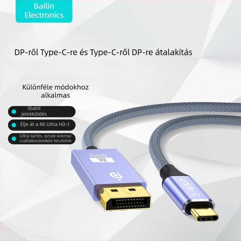 Type-C to DP multimédiás adapter kábel, kétirányú, alumínium ház, DP interfész, audió- és videóátalakítás, aranyozott réz vezetők