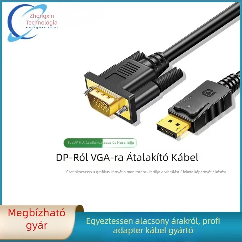 DisplayPort–to–VGA kábel, 1,8 m, rézvezető, nikkelezett csatlakozók, adapterkábel, 1080p videó
