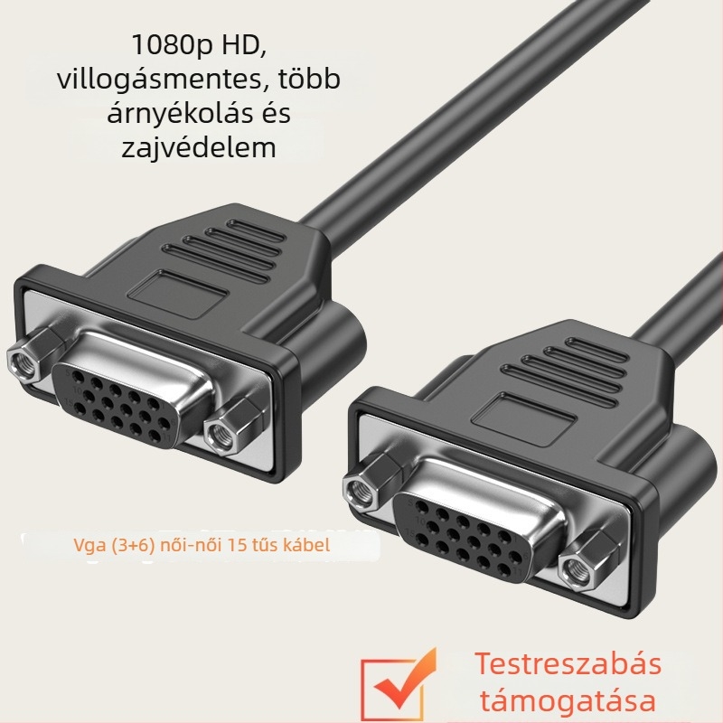 VGA kábel női-női csatlakozóval, csavarral, tiszta réz, kettős árnyékolású, 0,3 m hosszú, monitorokhoz