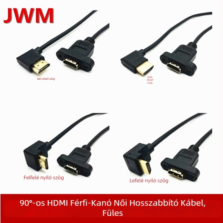 HDMI hosszabbító kábel 90°-os hajlattal, férfi–női csatlakozó, réz vezető, aranyozott bevonat