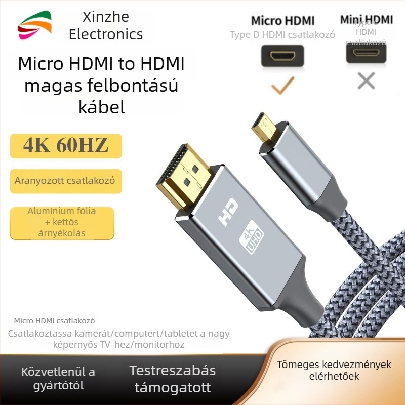 XZ HD7-07 micro HDMI–HDMI kábel, 4K támogatás, OFC réz belső vezető, aranyozott csatlakozók