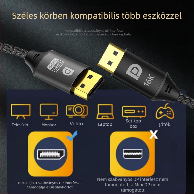 DP 2.1 DisplayPort kábel, 1 m, 16K/240 Hz, PC grafikus kártyákhoz és 8K kijelzőkhöz