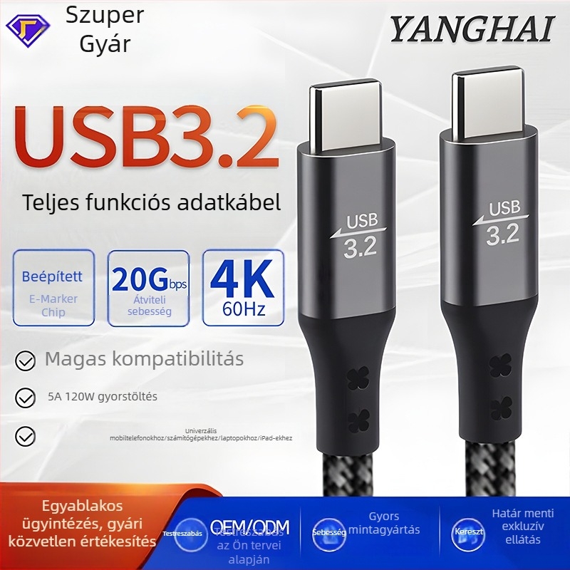 USB 3.2 PD kettős végű adatátviteli kábel, 120W gyors töltés, 20Gbps nagy sebesség, 4K60Hz képernyővetítés