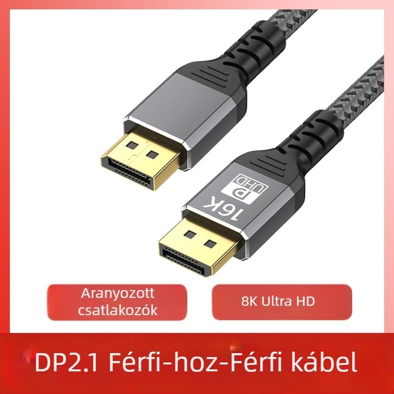 DisplayPort videó kábel DP16K, DP2.1, réz vezetők, alumínium ház aranyozott érintkezőkkel