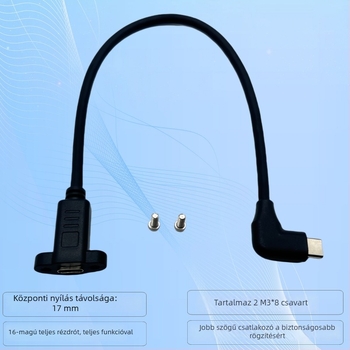 Type-C hajlított bővítőkábel USB-C 3.2, 16-vezetékes réz, férfi–nő, csavaros rögzítés, PD gyors töltés, videó adatátvitel, hossz 0,3 m