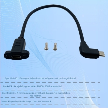 Type-C hajlított bővítőkábel USB-C 3.2, 16-vezetékes réz, férfi–nő, csavaros rögzítés, PD gyors töltés, videó adatátvitel, hossz 0,3 m
